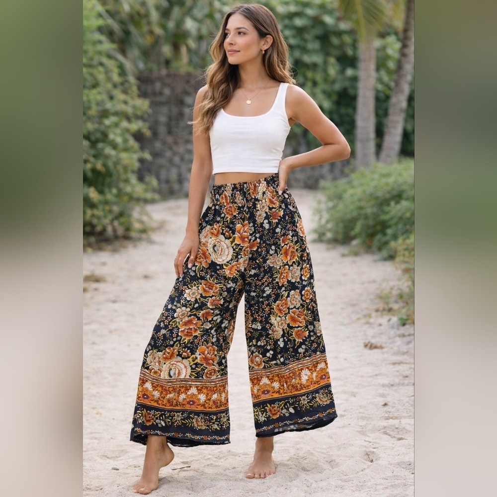 Boutique Frille Rose Floral Palazzo Wide-Leg Pants-Black & Orange Sz. L #2058